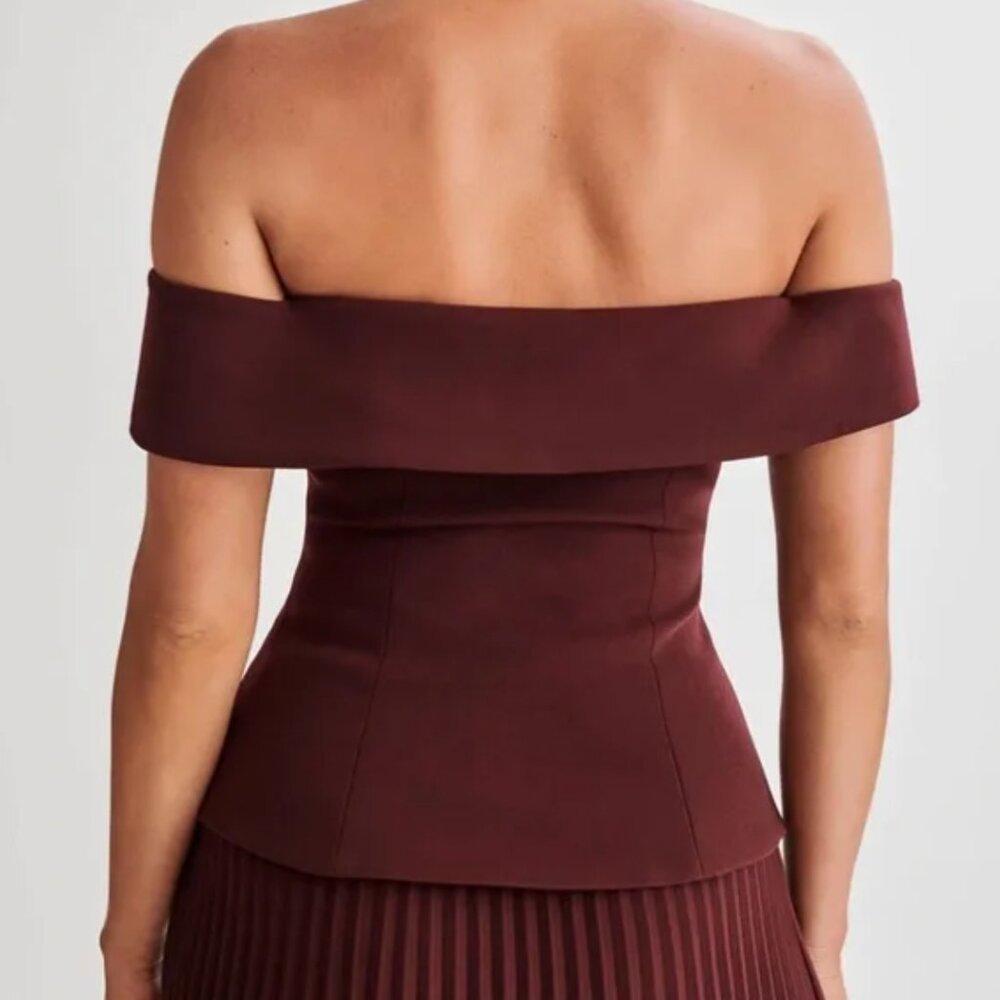 MESHKI Krista Strapless Suiting Top AND Skirt Set- Plum | XXS - Picture 4 of 5